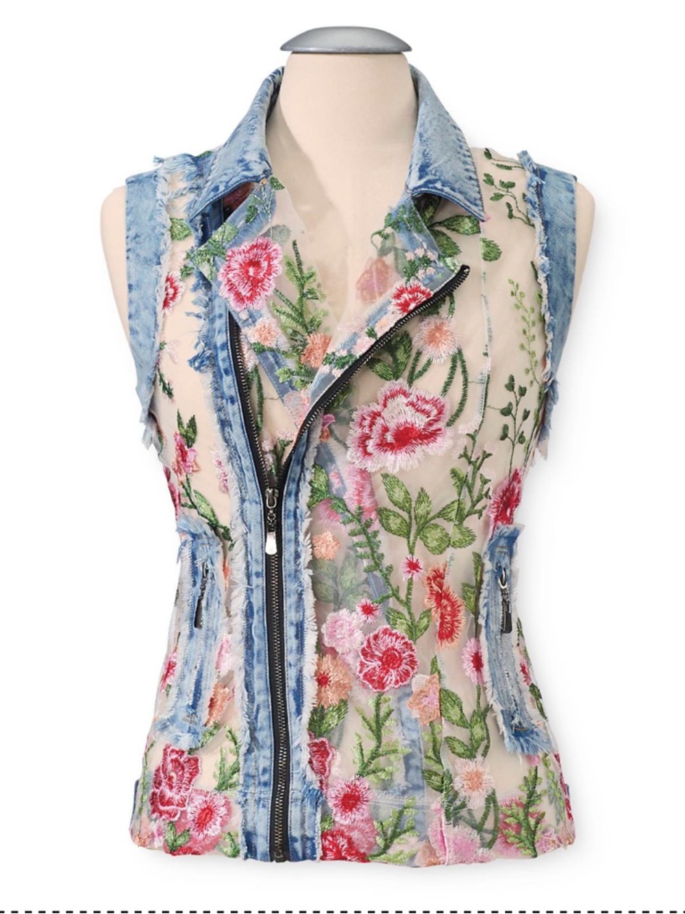 Pyramid Sheer Floral Embroidered Vest in Denim